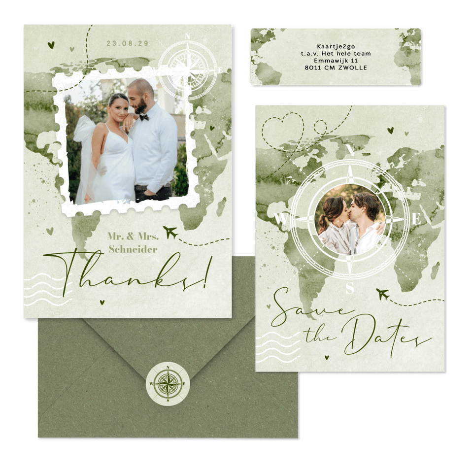 Hochzeitskartenset Aqaurell Weltkarte und Flugzeug in Grün