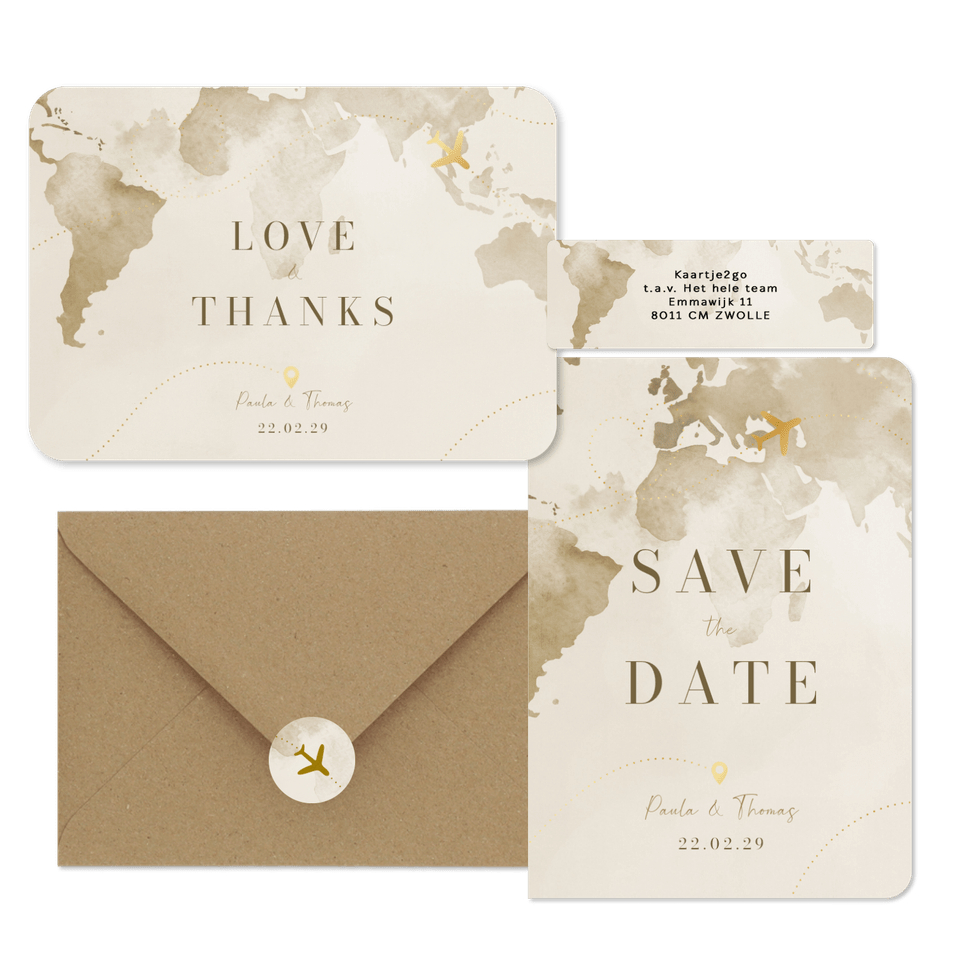 Hochzeitskartenset Aquarell Weltkare in Beige mit goldenem Flugzeug
