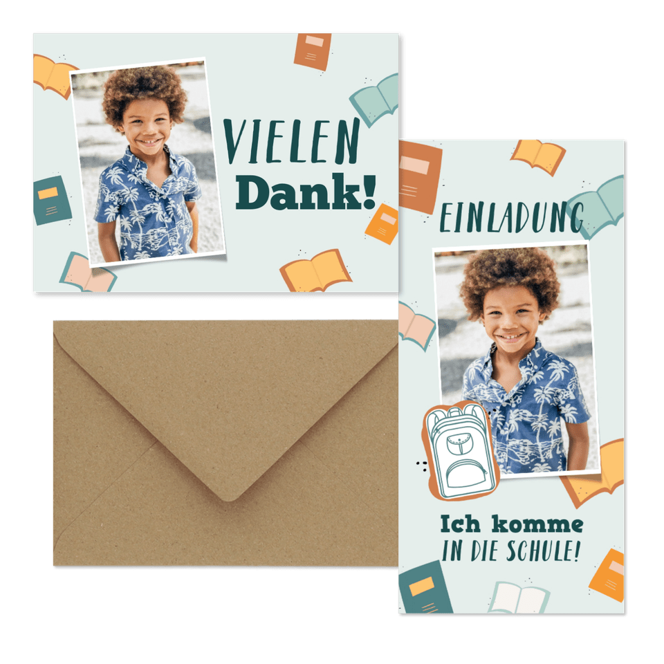 Einschulung - Dankeskarte Schulranzen und Büchern