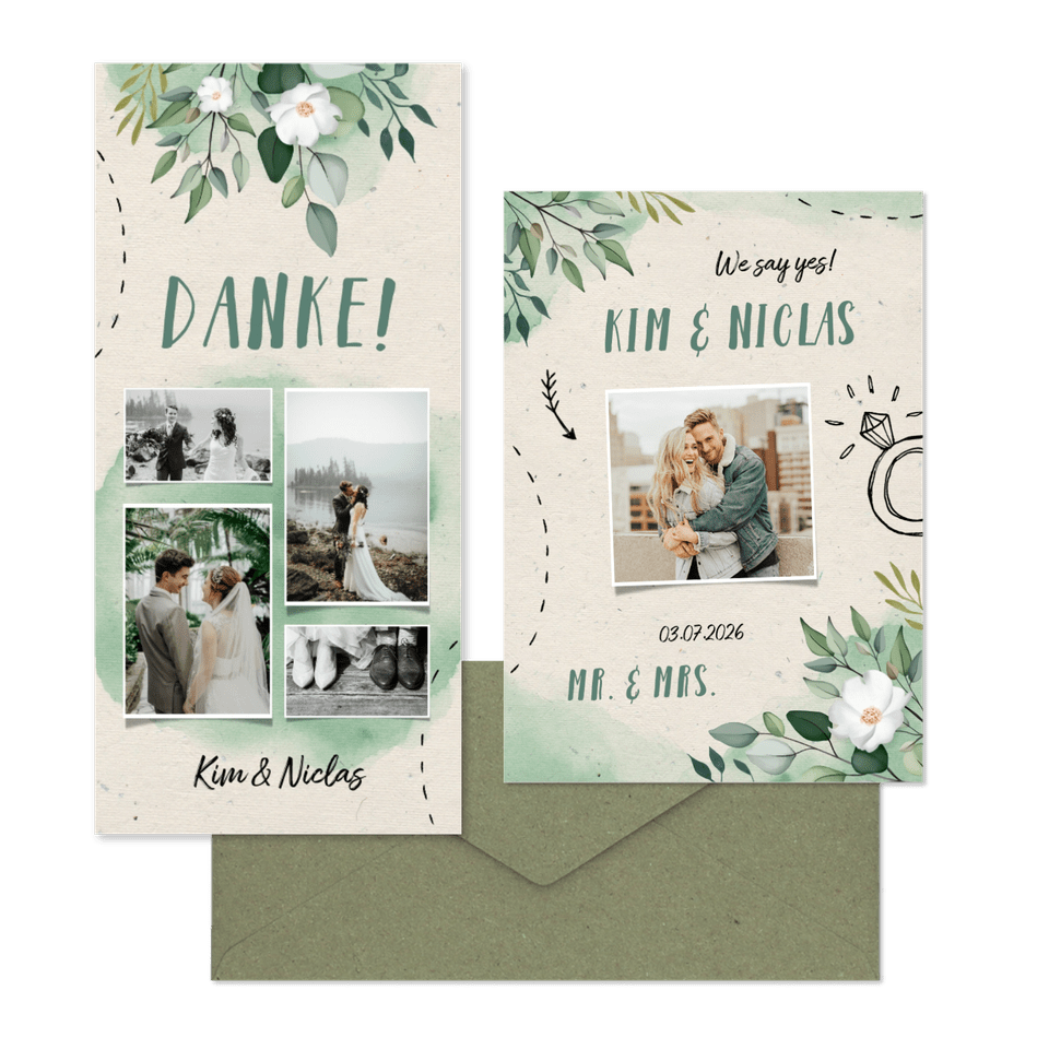 Hochzeitskartenset Botanisch mit Doodles