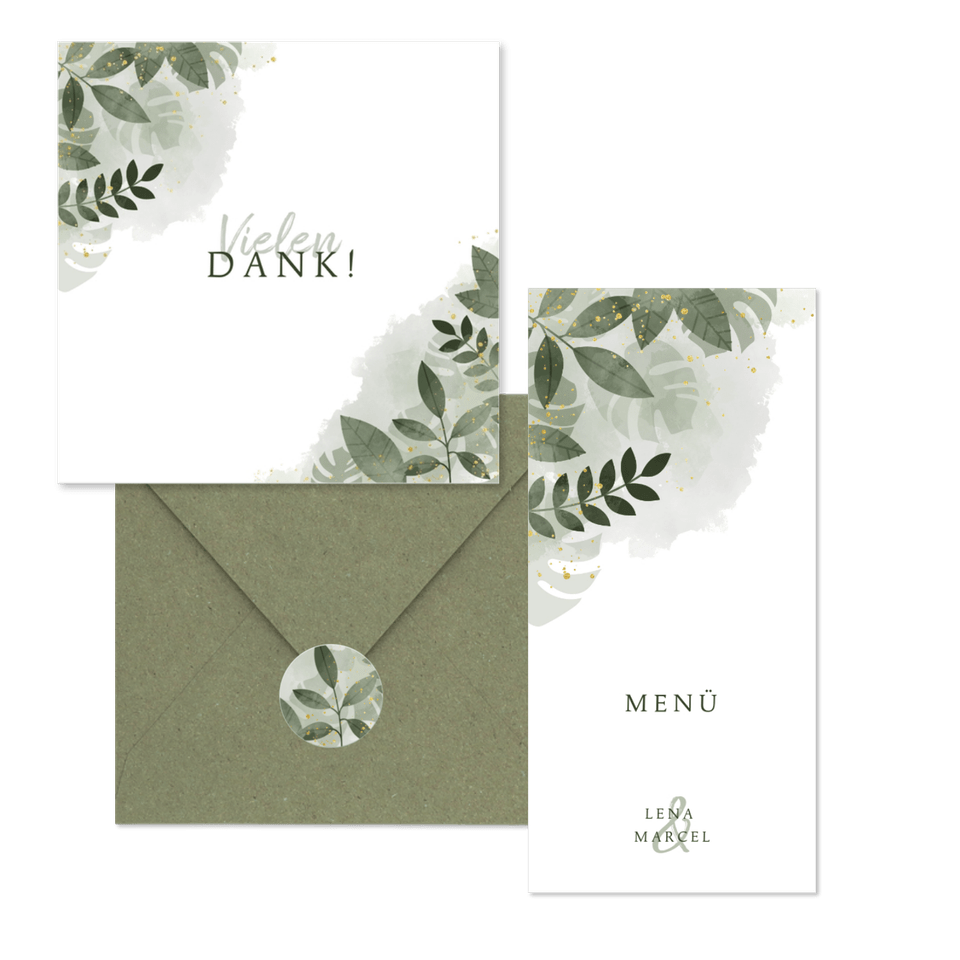 Hochzeitskartenset grüne Zweige in Wasserfarbe