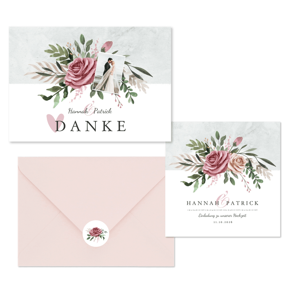 Hochzeitskartenset klassisches Rosenbukett