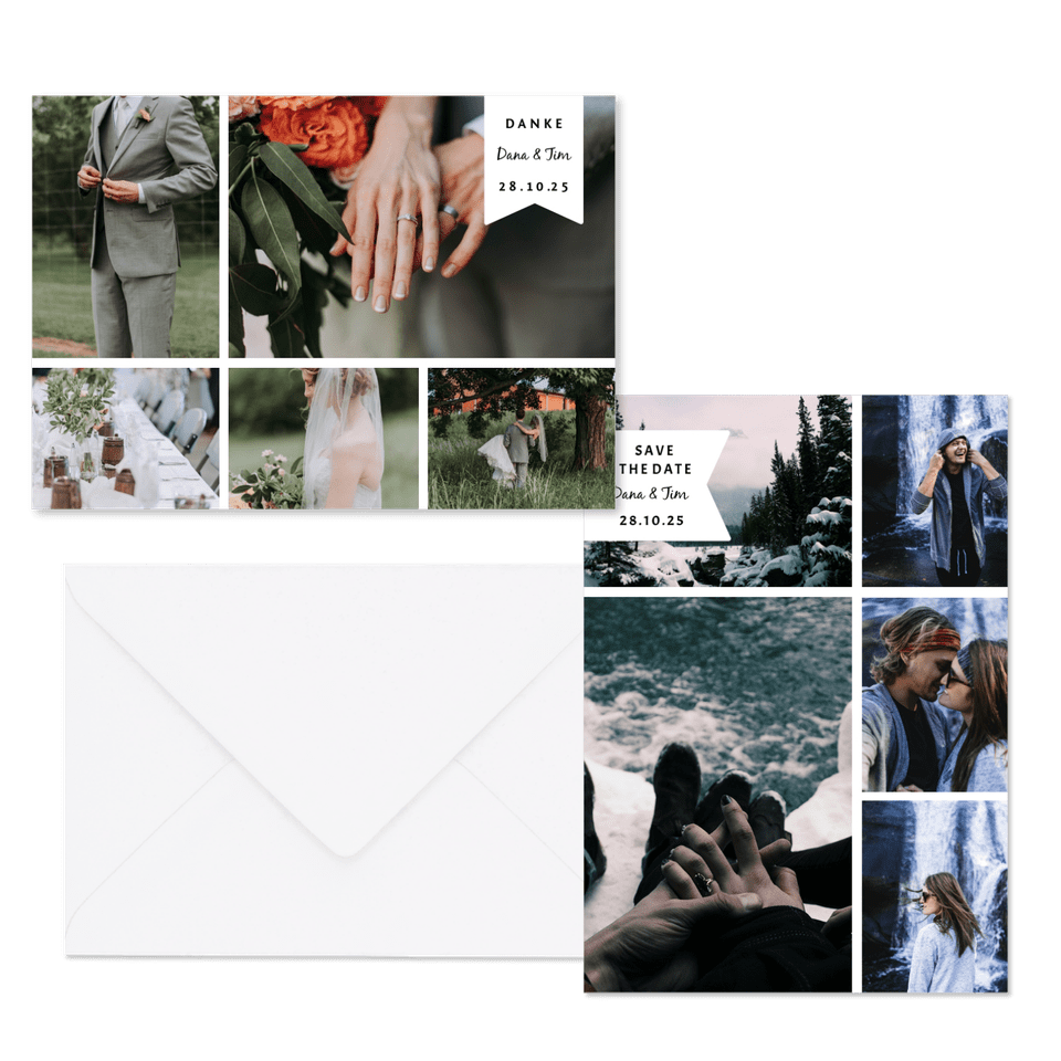 Hochzeitskartenset Fotocollage mit Label