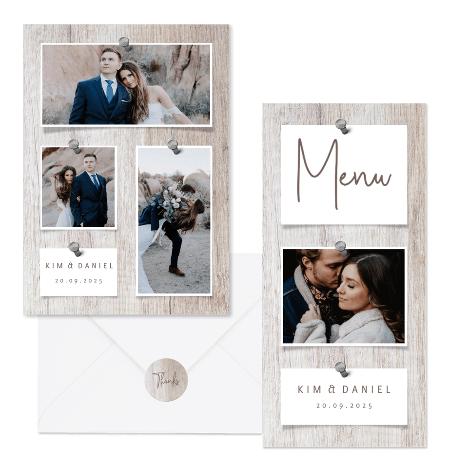 Hochzeitskartenset Fotocollage auf Holzhintergrund