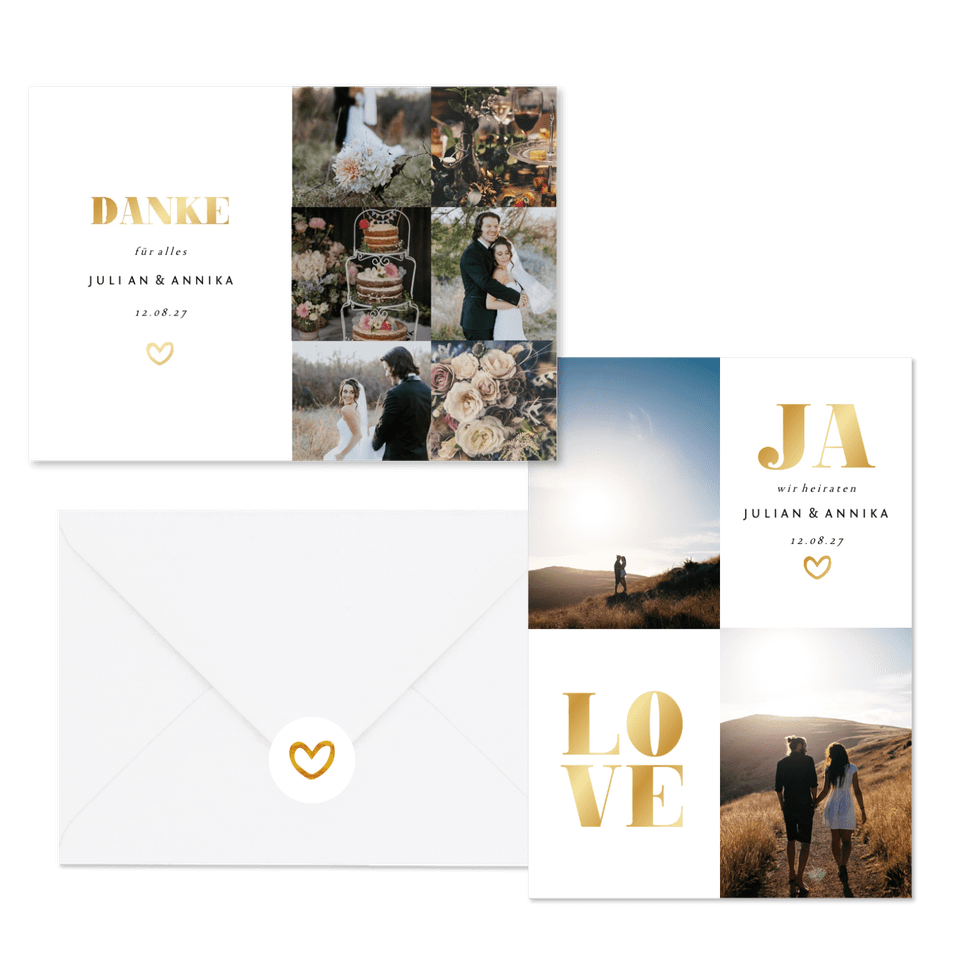 Hochzeitskarten simpel Goldlook mit Fotos