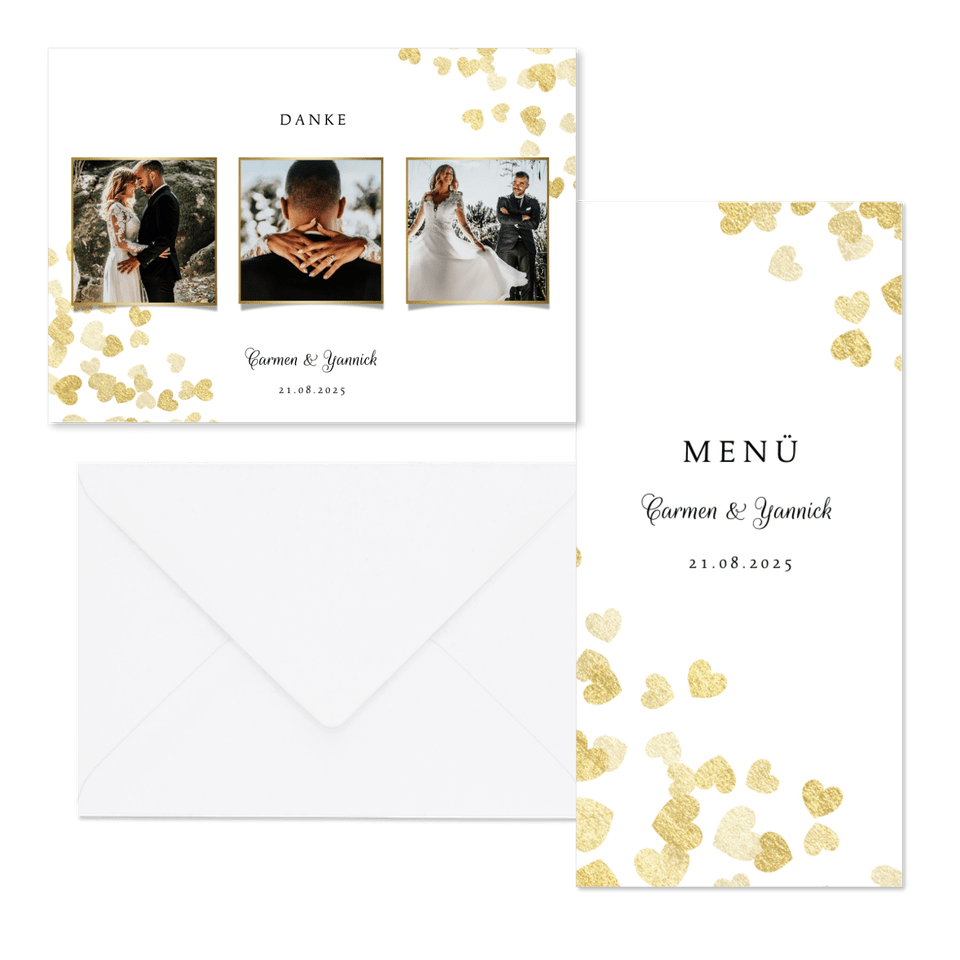 Hochzeitskartenset goldene Herzen Konfetti