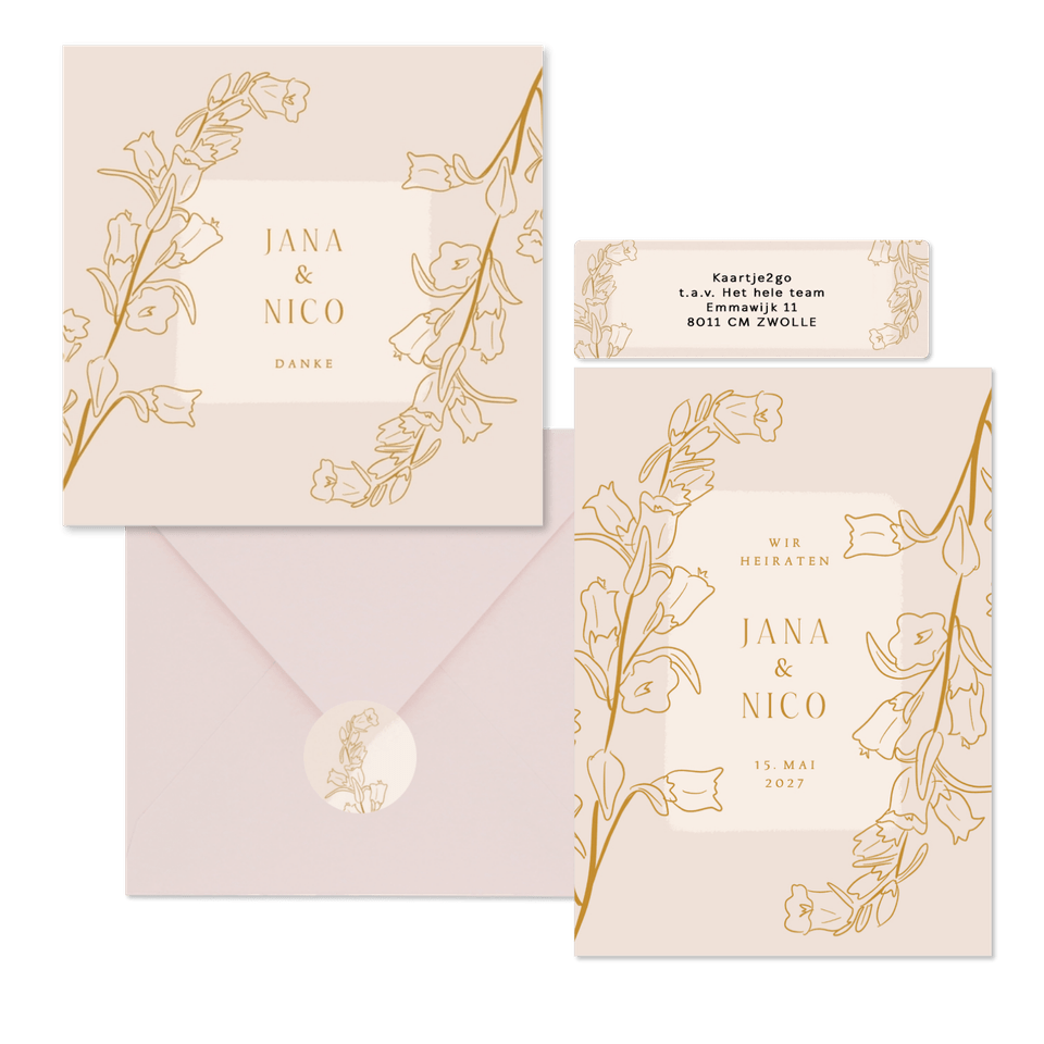 Hochzeitskartenset mit goldenen Glockenblumen Altrosa