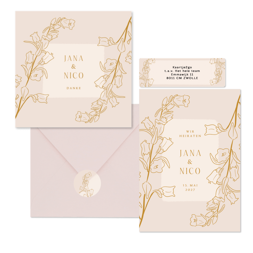 Hochzeitskartenset mit goldenen Glockenblumen Altrosa
