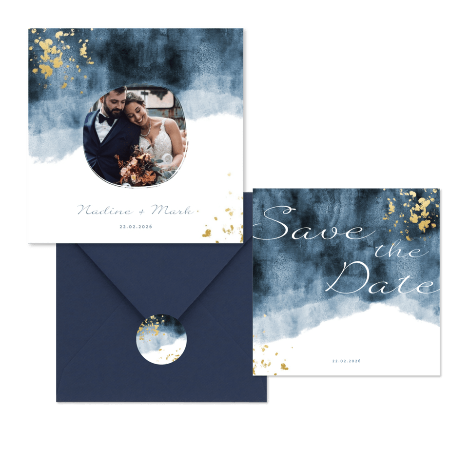 Hochzeitskartenset in blauem Aquarelldesign mit Goldflecken