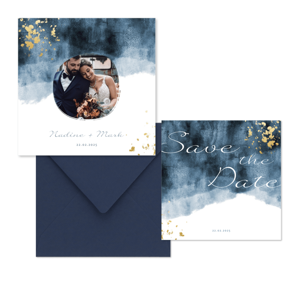 Hochzeitskartenset in blauem Aquarelldesign mit Goldflecken