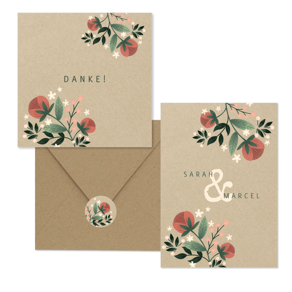 Hochzeitskartenset Vintage Blumen auf Kraftpapier