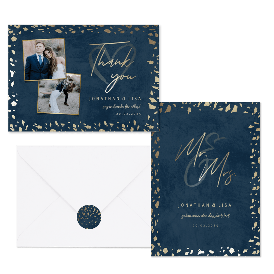 Hochzeitskartenset Dunkelblau mit Goldschnipseln