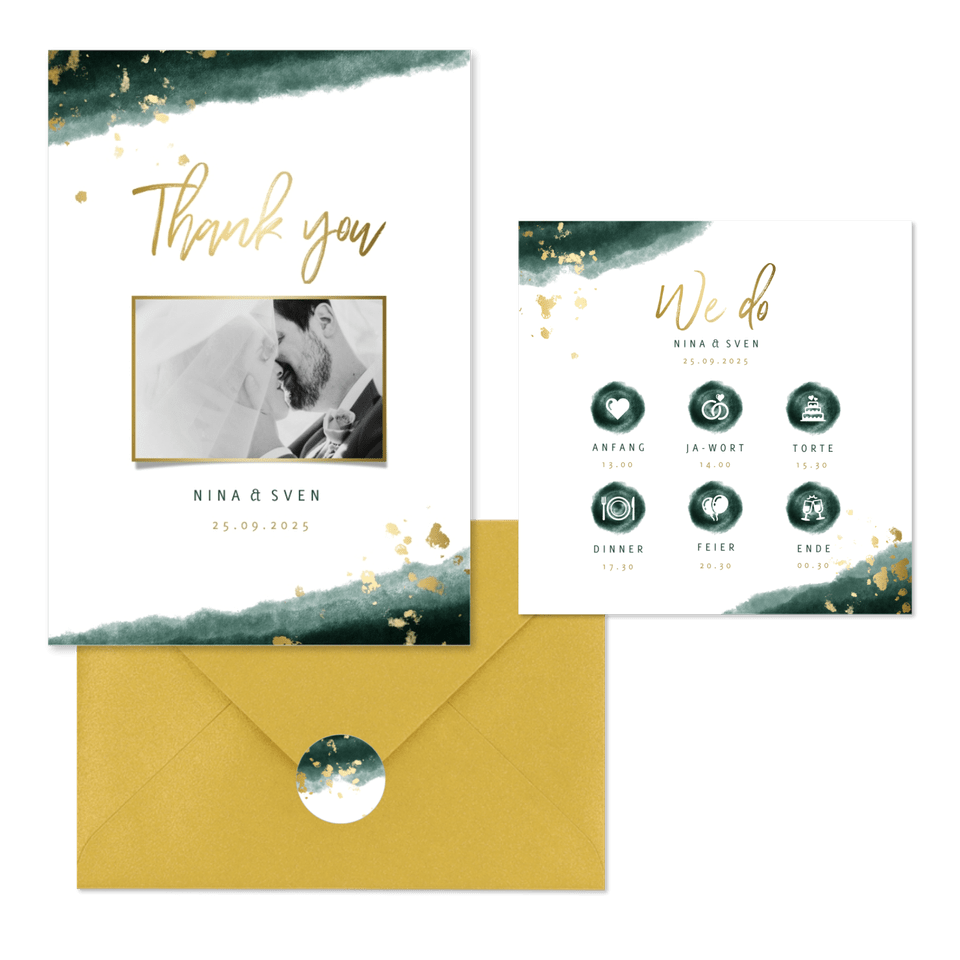 Hochzeitskartenset modernes Aquarell in Dunkelgrün