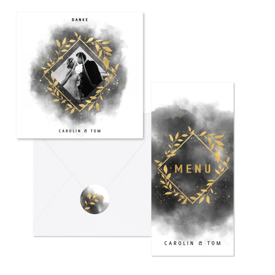 Hochzeitskartenset goldene Zweige auf schwarzem Aquarell