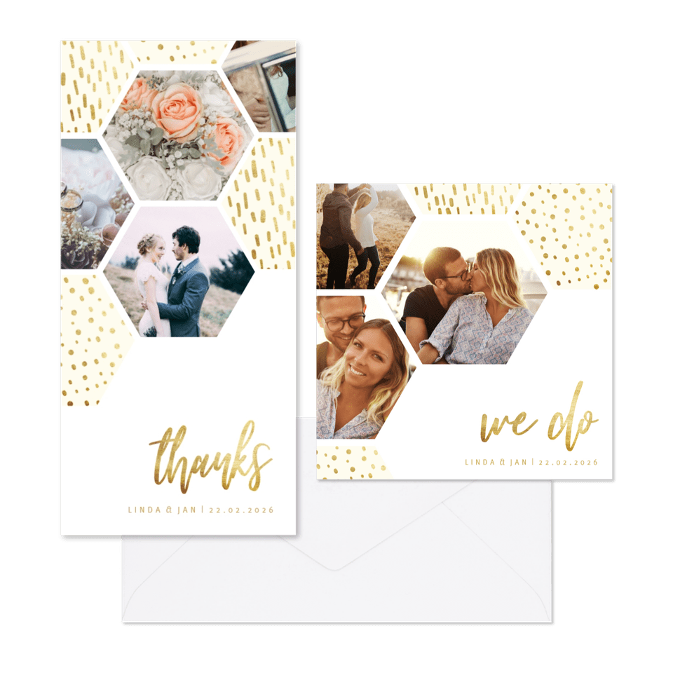 Hochzeitskartenset Fotocollage Sechseck mit Goldelementen