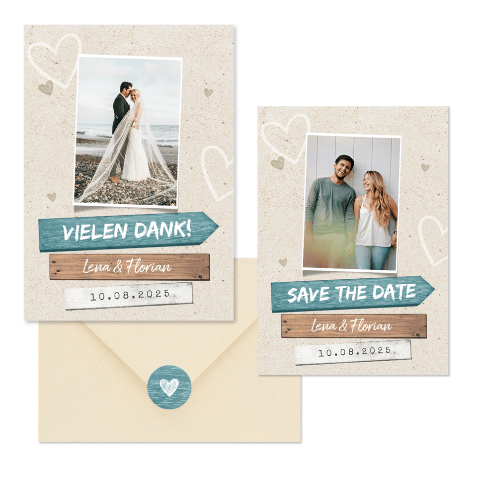 Hochzeitskartenset Wegweiser Sandstrand