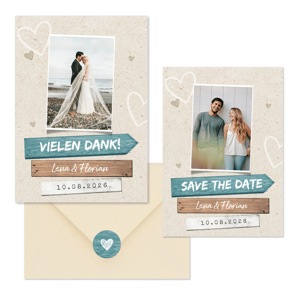 Hochzeitskartenset Wegweiser Sandstrand