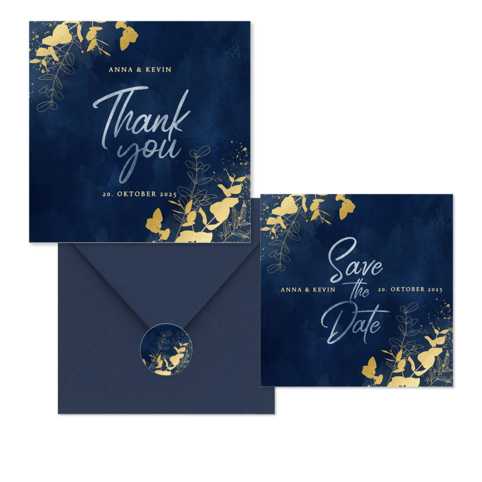 Hochzeitskartenset goldener Eukalyptus auf Dunkelblau