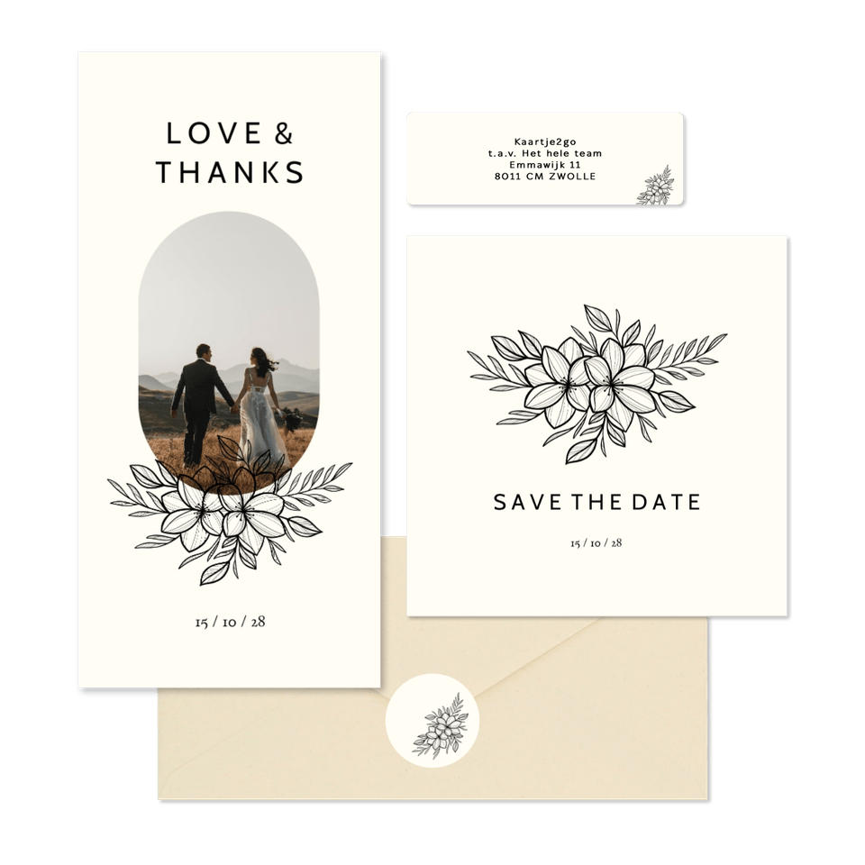 Hochzeitskartenset schlichte schwarze Blumen off-white