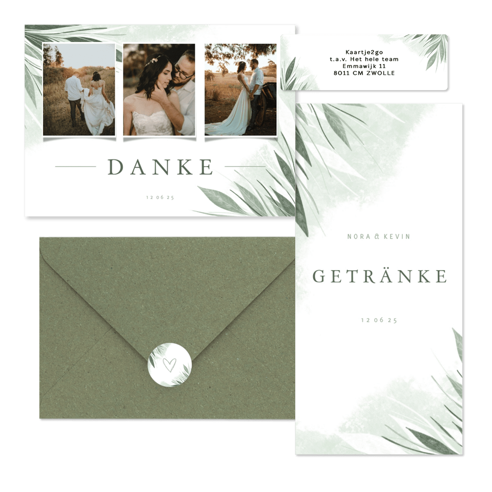 Hochzeitskartenset Zierliche Blätter Mintgrün