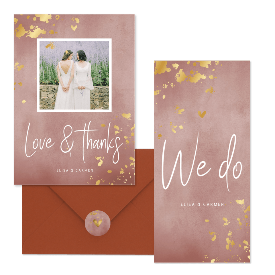 Hochzeitskartenset rosa Aquarell mit Goldtupfen