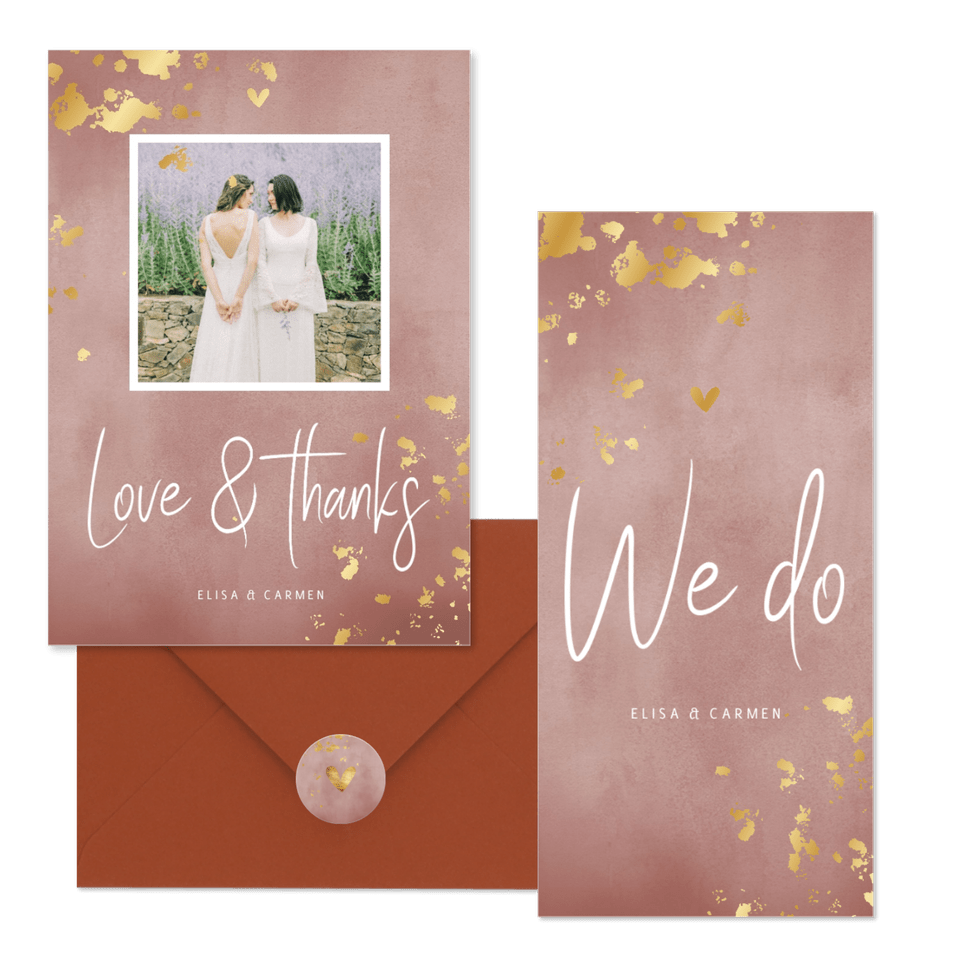 Hochzeitskartenset rosa Aquarell mit Goldtupfen