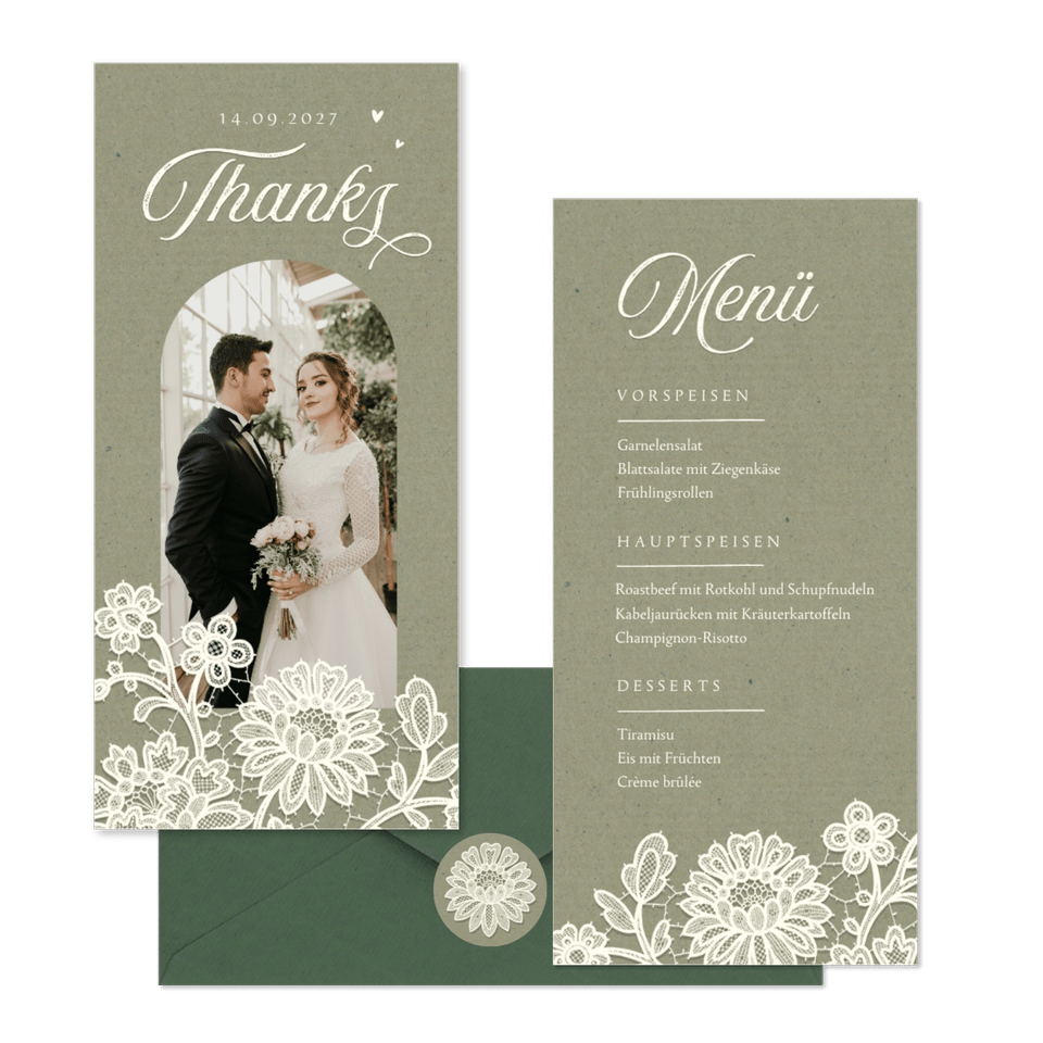 Hochzeitskartenset Spitze auf Olivgrün