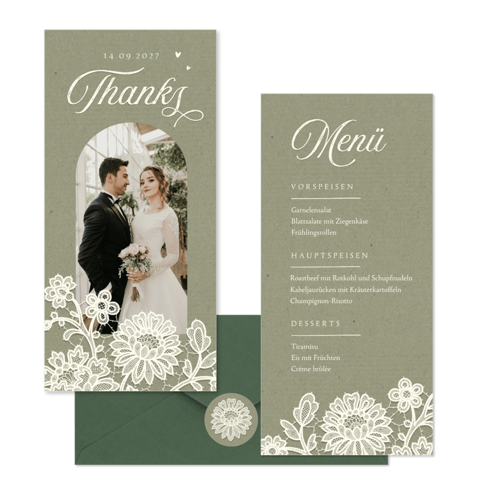 Hochzeitskartenset Spitze auf Olivgrün