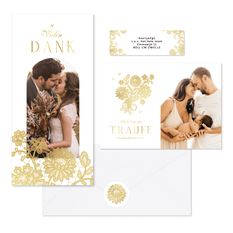 Hochzeitskartenset goldene Blumenspitze auf Weiß