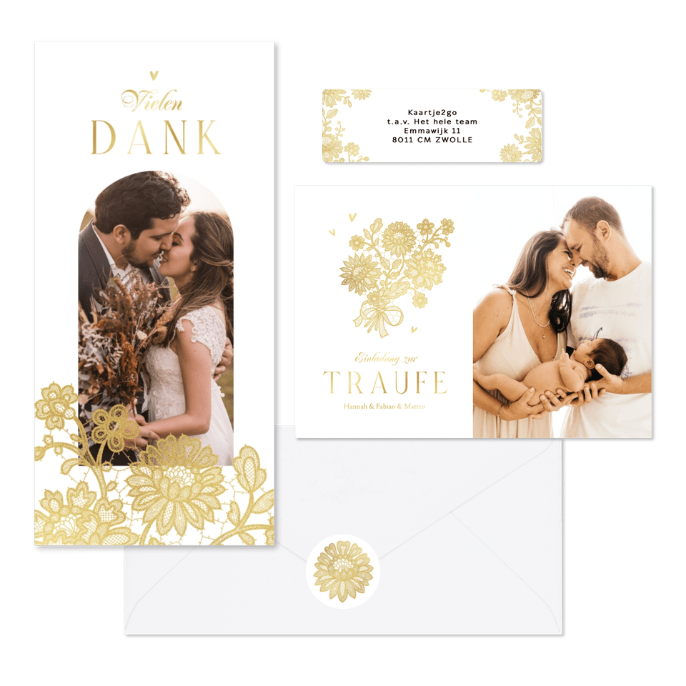 Hochzeitskartenset goldene Blumenspitze auf Weiß