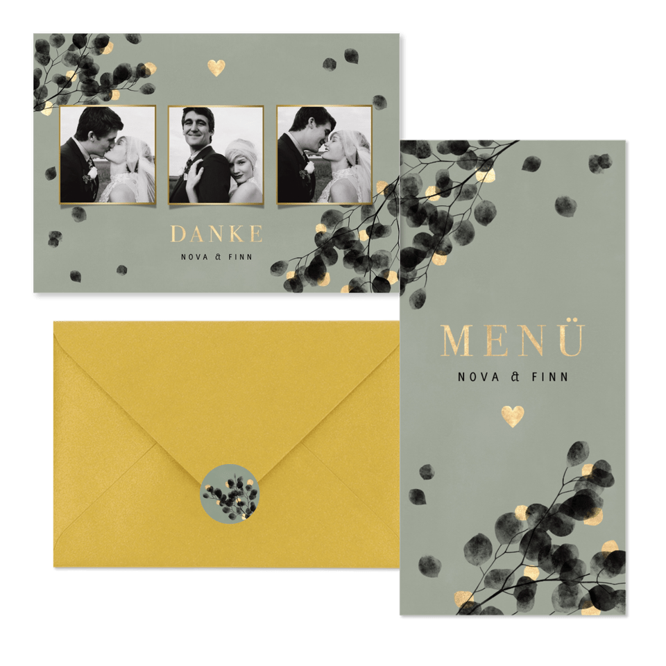 Hochzeitskartenset schwarzer Eukalyptus mit Gold