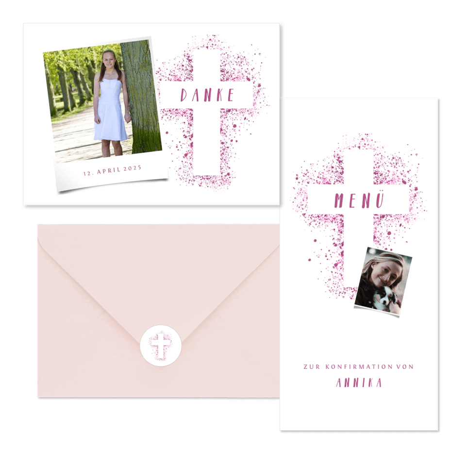 Konfirmation - Kreuz Farbspritzer rosa