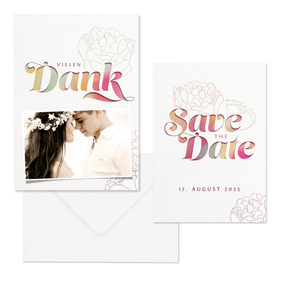 Hochzeitskartenset Bunte Papeterie mit Pfingstrosen