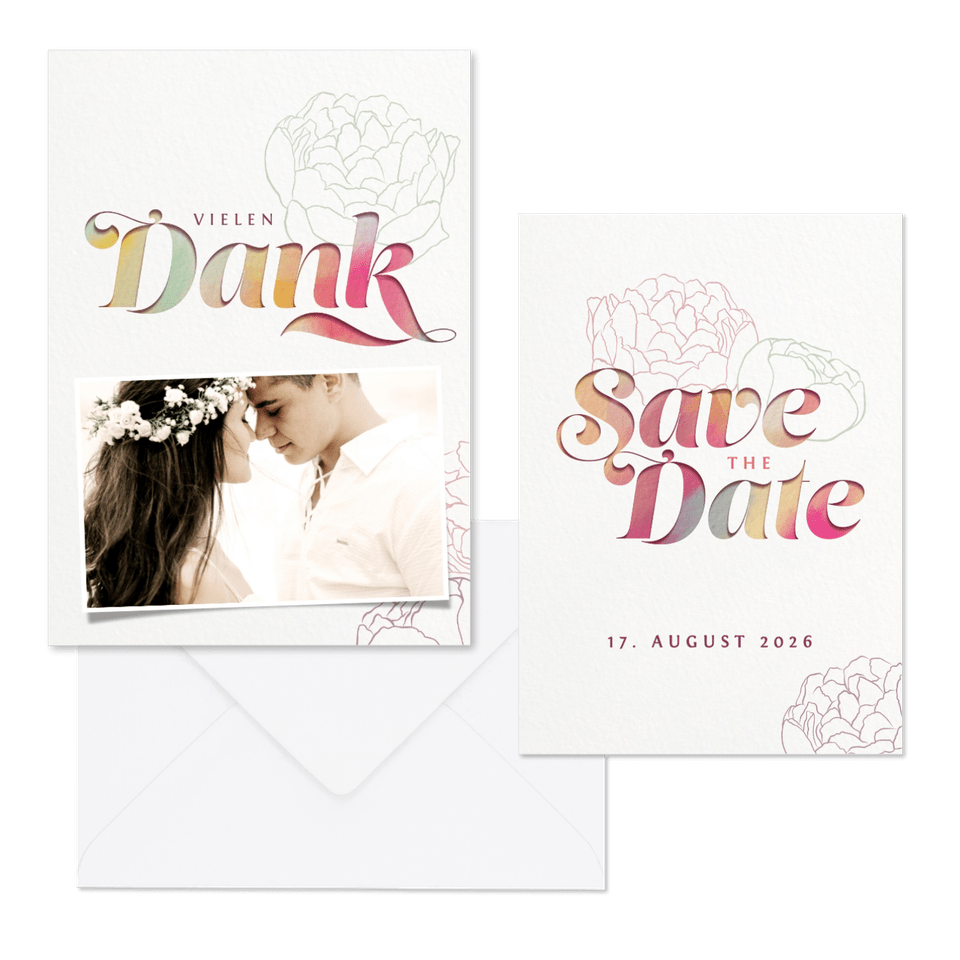 Hochzeitskartenset Bunte Papeterie mit Pfingstrosen