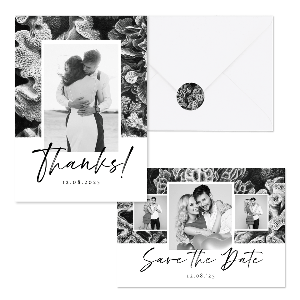 Hochzeitskartenset Korallen in Schwar-Weiß