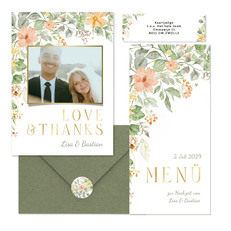Hochzeitskartenset mit bunten Blumenranken in Aquarell