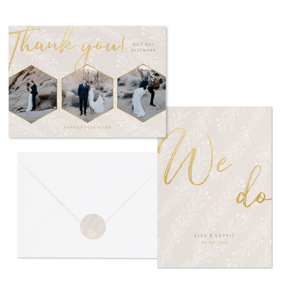 Hochzeitskartenset blasse Zweige auf Beige