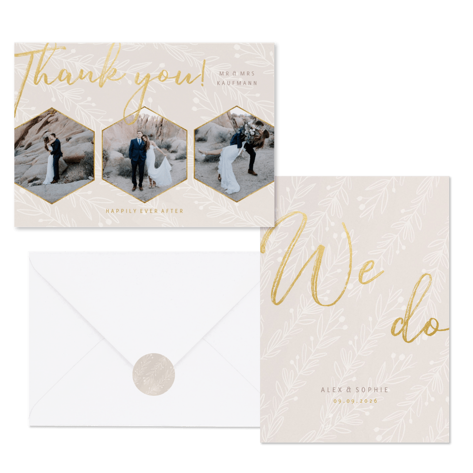 Hochzeitskartenset blasse Zweige auf Beige