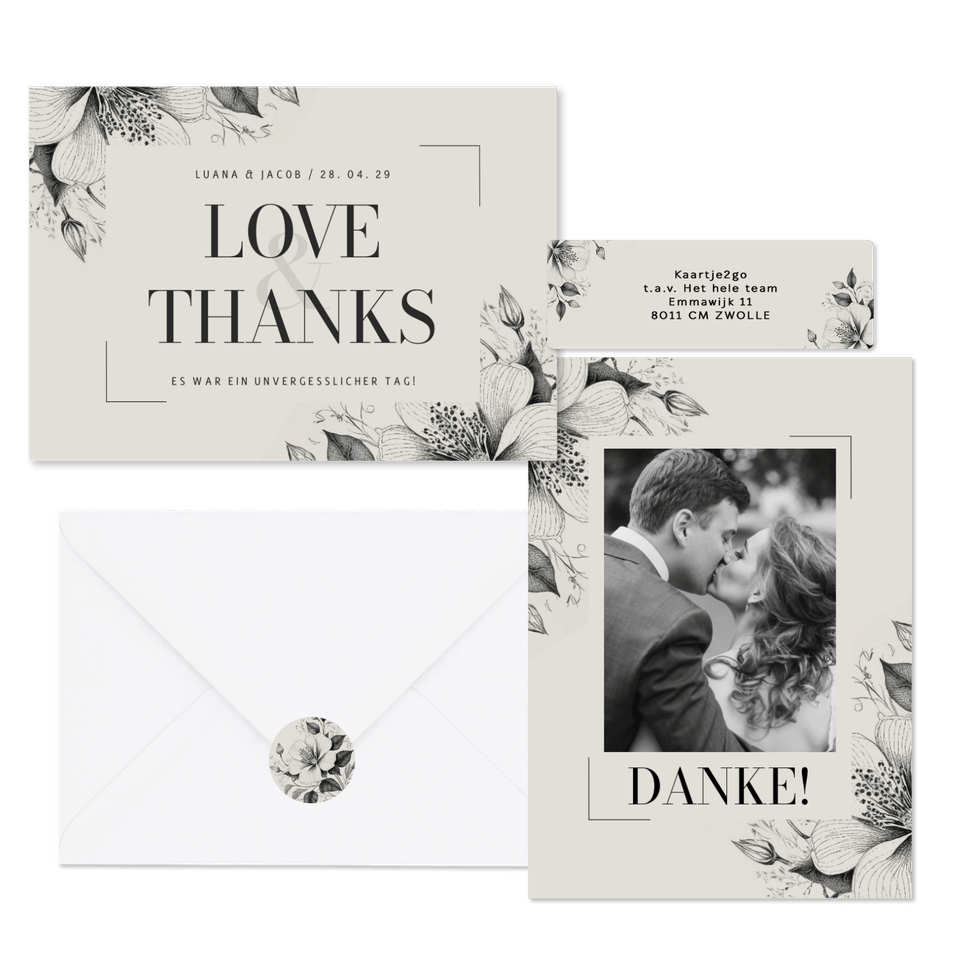 Hochzeitskartenset Vintage Blumen als Kohlezeichnung