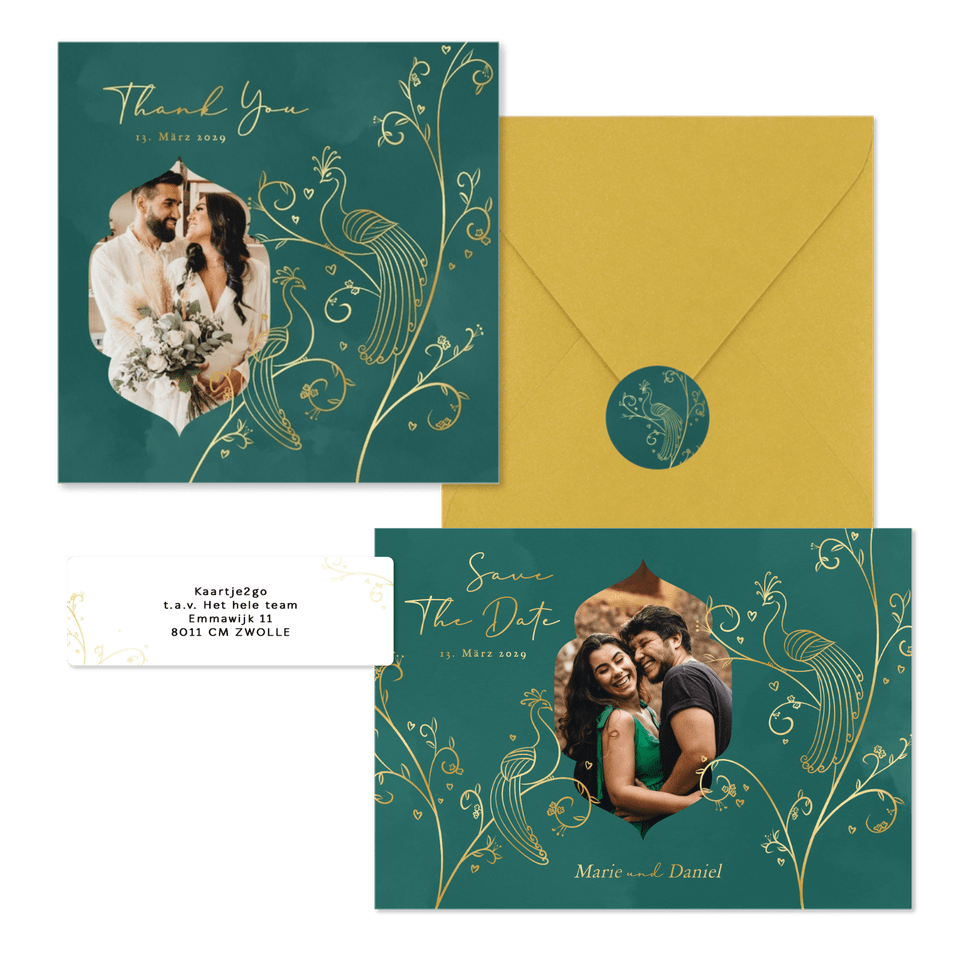 Hochzeitskartenset in Grün mit goldenen Pfauen 