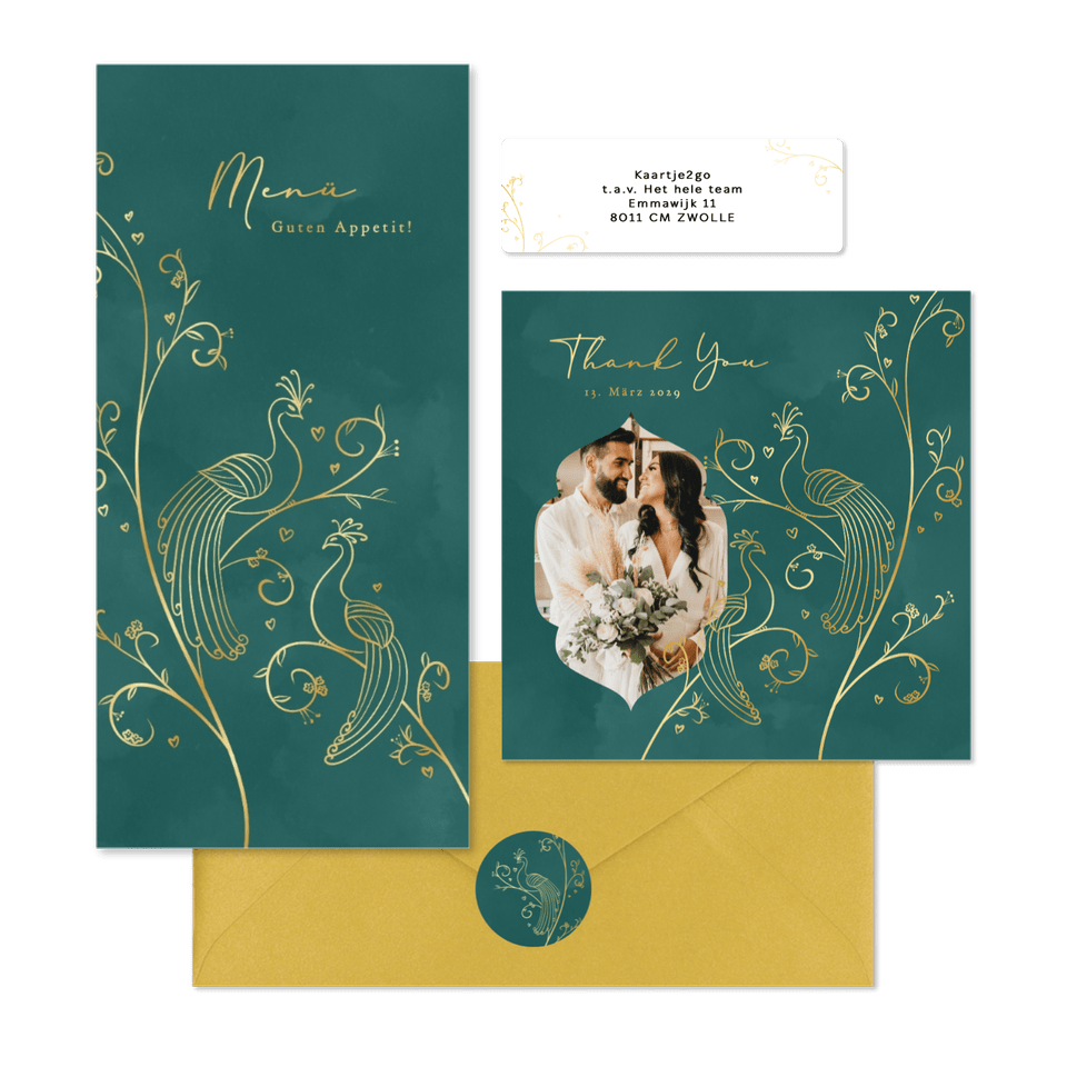 Hochzeitskartenset in Grün mit goldenen Pfauen