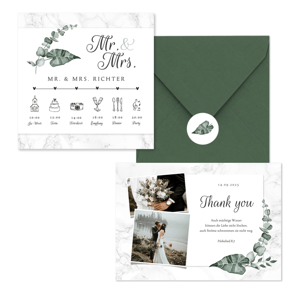 Hochzeitskartenset helles Marmor mit Botanik