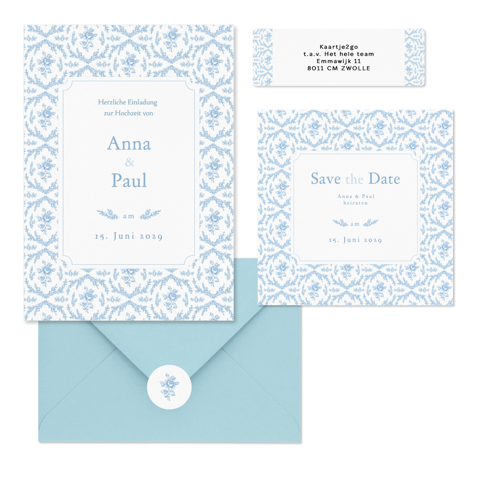 Hochzeitskartenset Hellblau englische Rosen klassisch