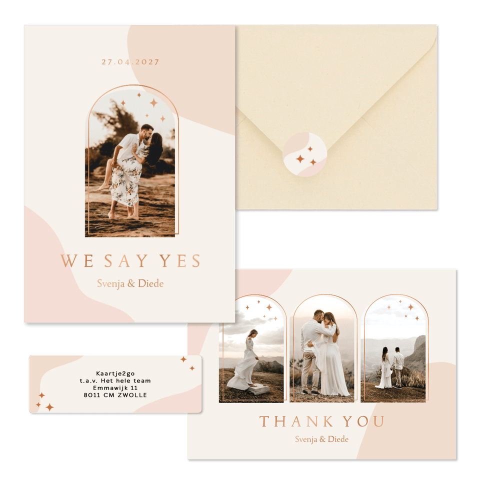 Hochzeitskartenset Bogenfenster auf Rosa mit Kupferelementen