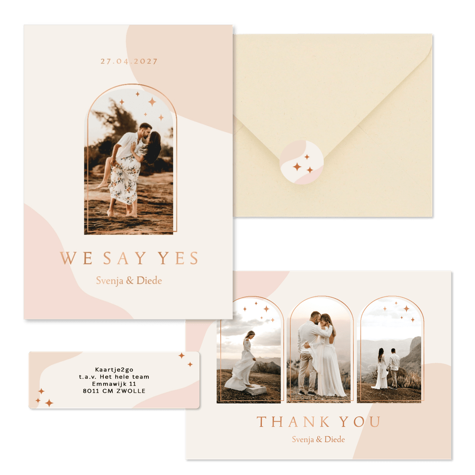 Hochzeitskartenset Bogenfenster auf Rosa mit Kupferelementen