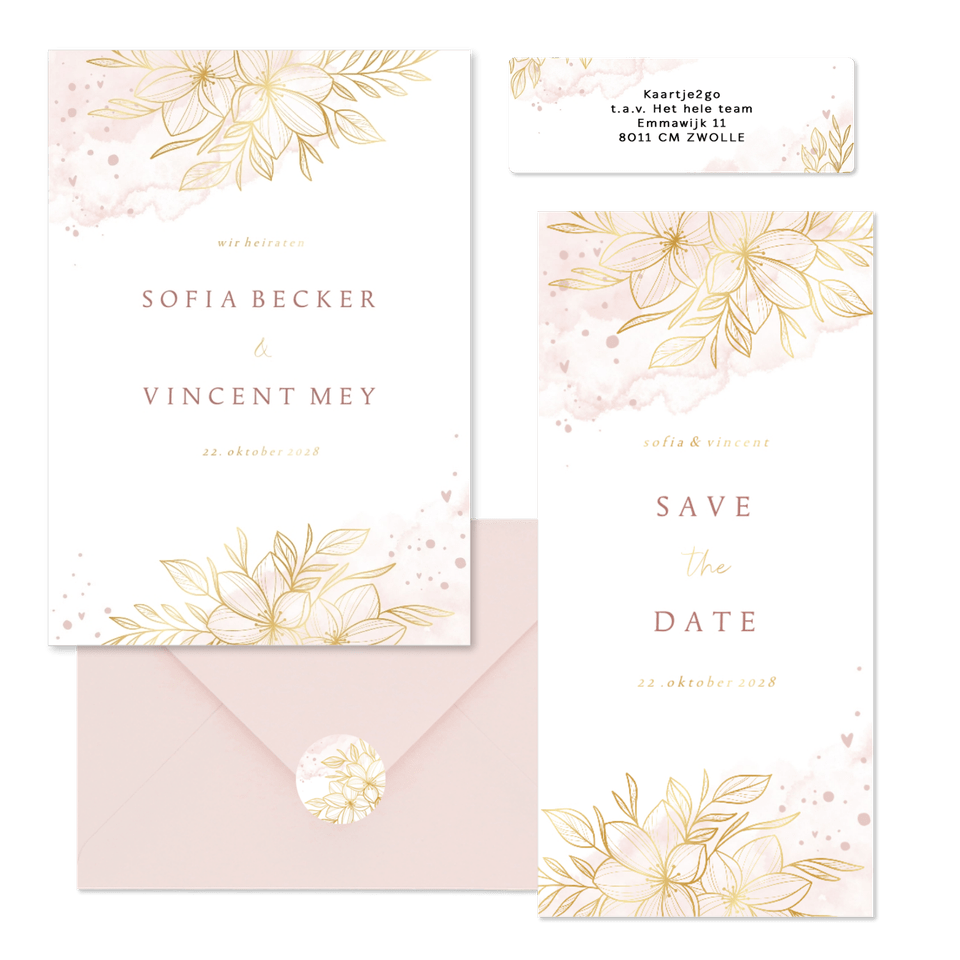 Hochzeitskartenset feine Blumen in Rosa-Aquarell mit Gold