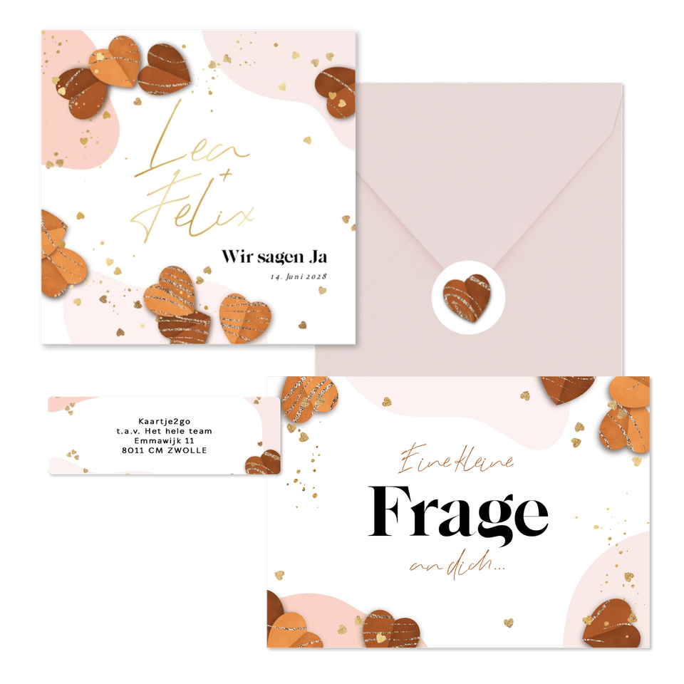 Hochzeitskartenset Papierherzen und Goldelemente