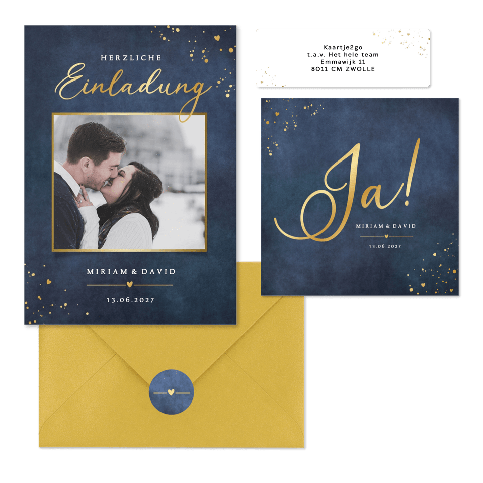 Hochzeitskartenset schlicht Gold auf Dunkelblau