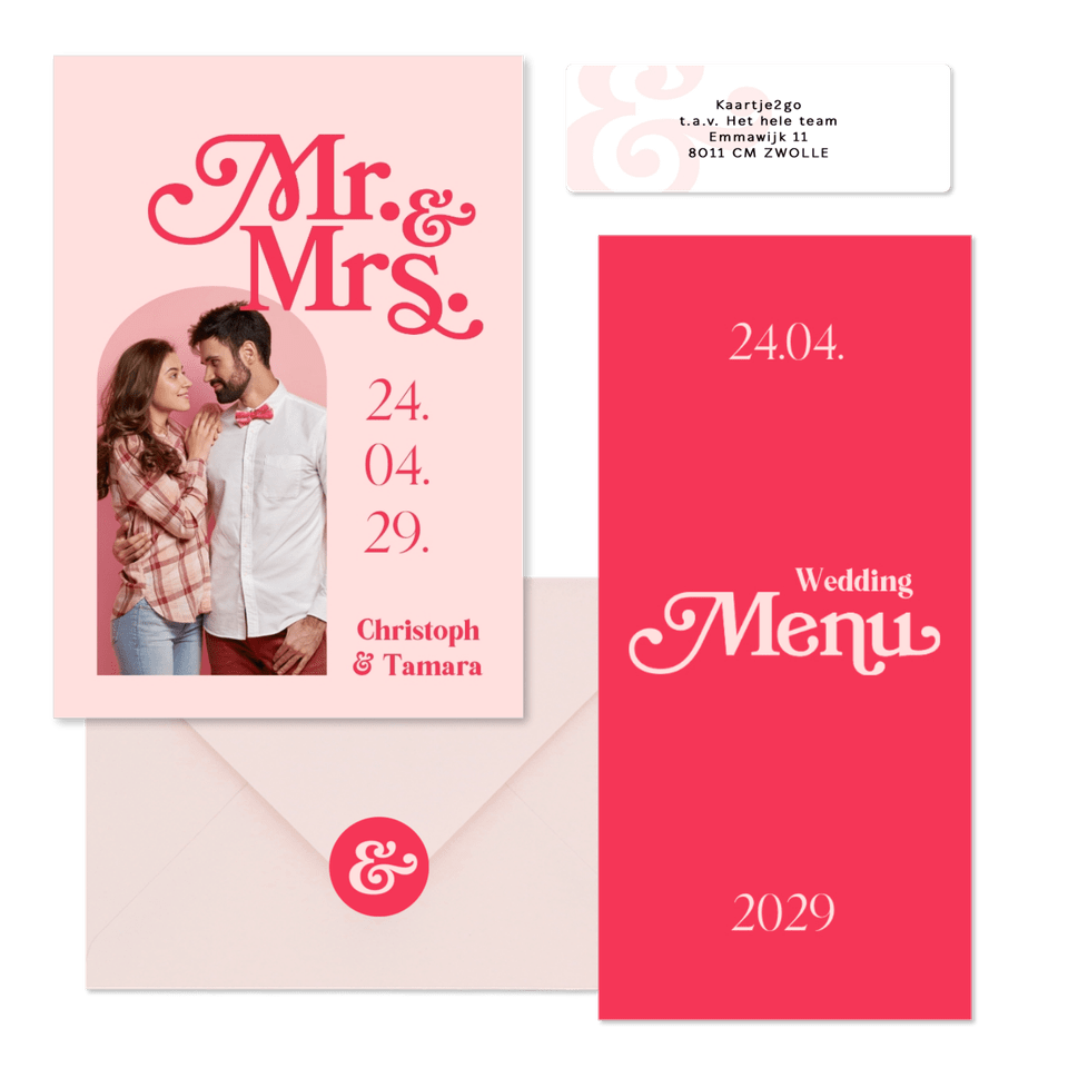 Hochzeitskartenset in Pink Retro mit Foto 