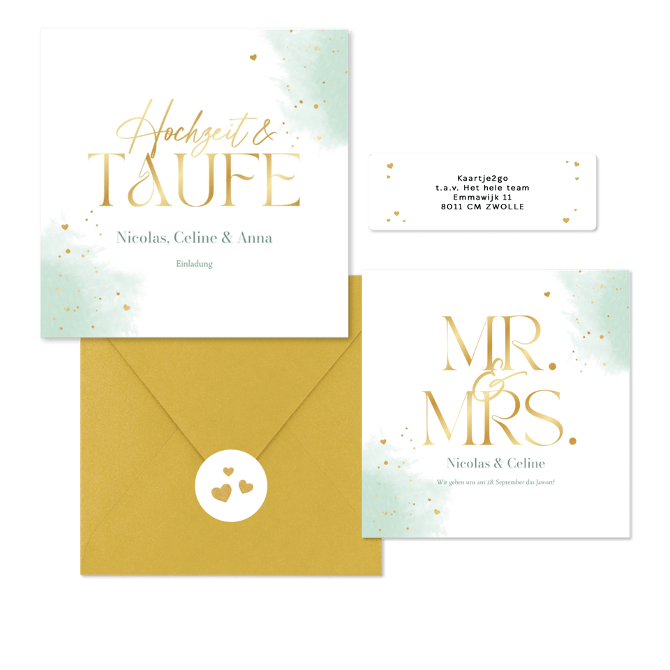 Hochzeitskartenset Wasserfarbe in Mintgrün & Gold